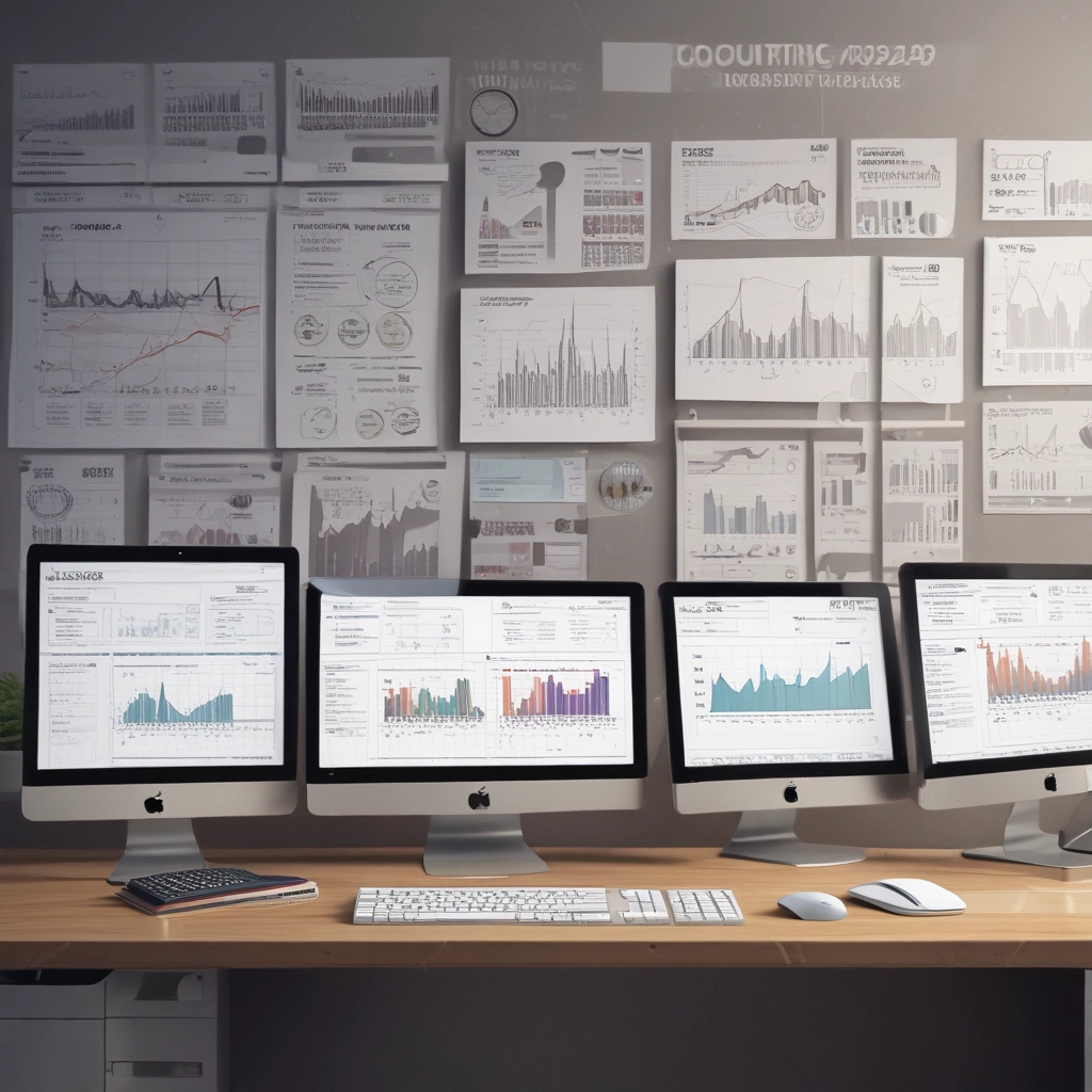 An office setting with charts and graphs displayed on a large screen.